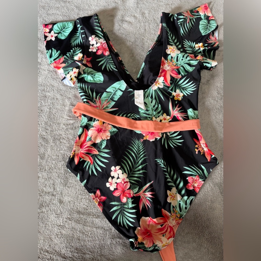 Floral One-Piece Swimsuit with Ruffle Sleeves NWOT - Picture 2 of 2